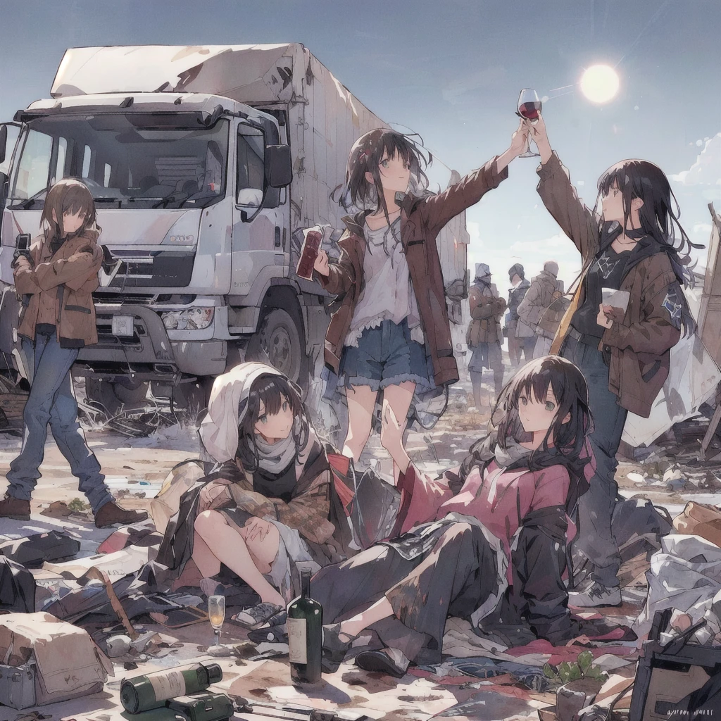 Group of refugees sitting on the ground holding wine, smile,Dirty clothes,War-torn land,Old Truck,Josan Gonzalez, Josan Gonzalez, inspired Josan Gonzalez, posuka demizu, Yoji Shinkawa and Joff Darrow, Then Martin, Gweitz, artwork in the style of Gweitz, Josan Gonzalez!!!, 4K Manga Wallpapers, Great art style