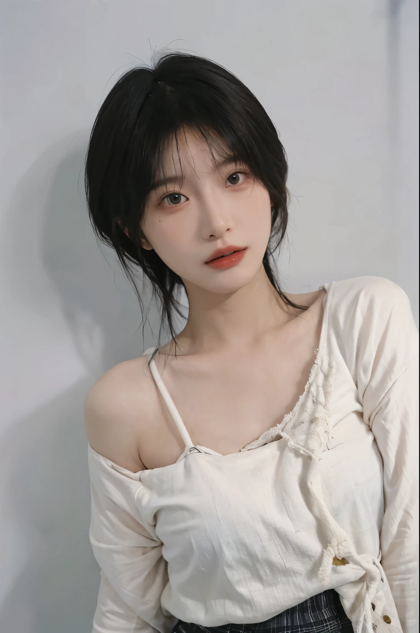 Beautiful woman with perfect figure:1.4,Ultra-high resolution,White background,(lifelike:1.4),Layered Hairstyle,Lipstick,White skin,Super short pleated skirt,whole body,Very delicate face and skin texture,Double eyelids,Skin Whitening,short hair,White hair