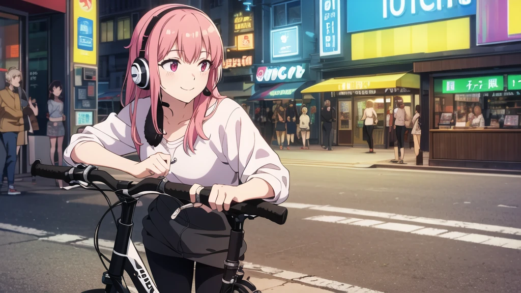 (8k, High resolution, Best Quality, Masterpiece:1.2), Lo-Fi, Relaxed girl listening to music with a headset 1, bicycle, smile, はにかんだsmile, In the city, neon
