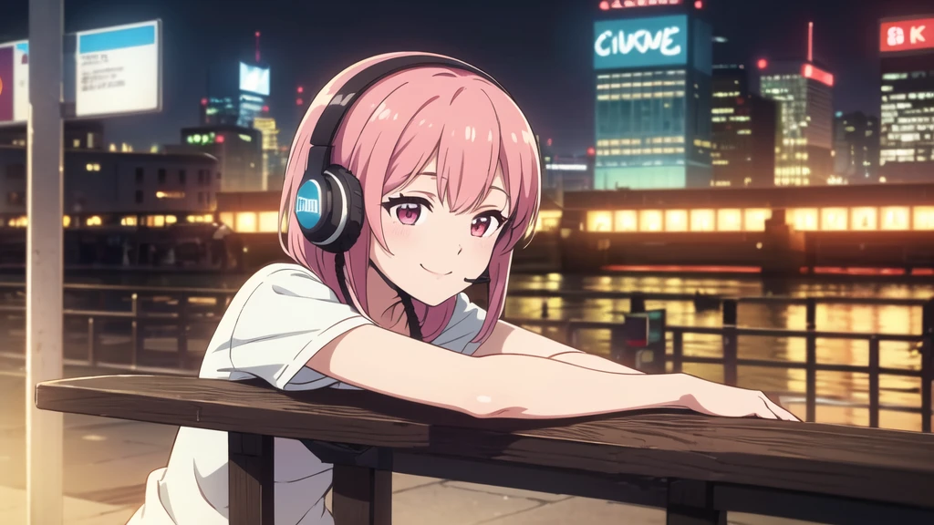 (8k, High resolution, Best Quality, Masterpiece:1.2), Lo-Fi, Relaxed girl listening to music with a headset 1, bicycle, smile, はにかんだsmile, In the city, neon