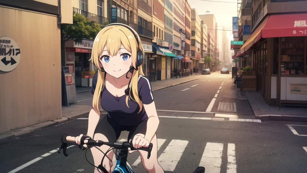(8k, High resolution, Best Quality, Masterpiece:1.2), Lo-Fi, Relaxed girl listening to music with a headset 1, bicycle, smile, はにかんだsmile, In the city, neon