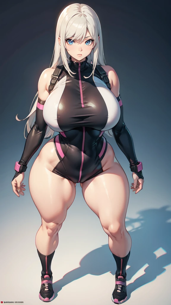(masterpiece), best quality, expressive eyes, perfect face, (muscular:0.8), silver hair, (massive breast:1.1), (curvy:1.5), ((blank background)), ((full body framing)), (thick thighs:1.5), ((big legs:1.6)), , tiny head, (pink bodysuit), female android, plugsuit, pilot suit, (very tall girl) , perky breast:1.3