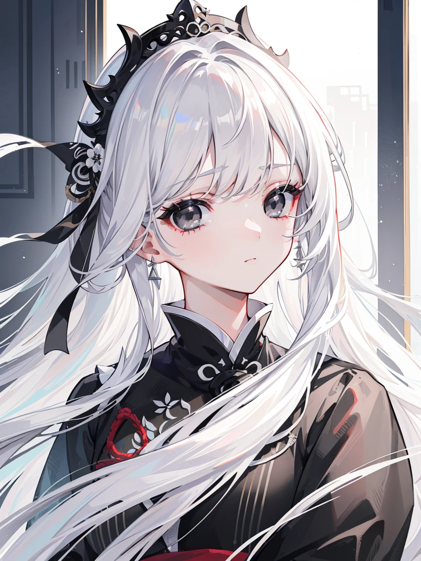 (Top image quality)、(Ultra Detailed)、(Facing forward)、top quality、masterpiece、(((1 girl)))、Silver Hair、white hair、((Long hair))、(black eyes:1.6)、(Hanfu)