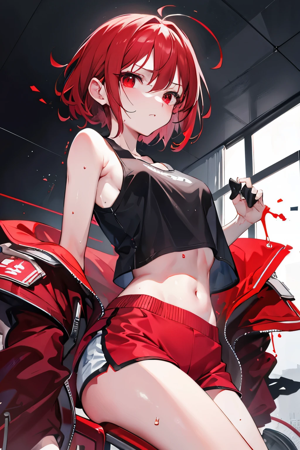 underdressing,indifferent,Red Eyes,Sweat,Soaked,liquid,transparent,Expression of disgust,Back,Cropped tops,shorts
