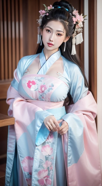 Ancient Chinese Clothing，White clothing，This dress has a pink floral pattern，Chinese Art Style，Fashion model 18 years old [[[[Features]]]], ((Full and soft breasts,)))(((Large Breasts))) (((Cleavage)))[[[[]]]], [[[[Cole]]]], [[[[bShoulder]]]], Perfect eyes, Perfect iris，Perfect lips，Perfect Teeth，Perfect skin，Fair skin，Soft headlight，HDR，girl，Long gray hair，Sad expression，Background is outdoor，light blue flowers，4K Ultra HD, Ultra-high resolution, (Reality: 1.4), best quality，masterpiece，Super dilution，（Pastel colors：1.2）