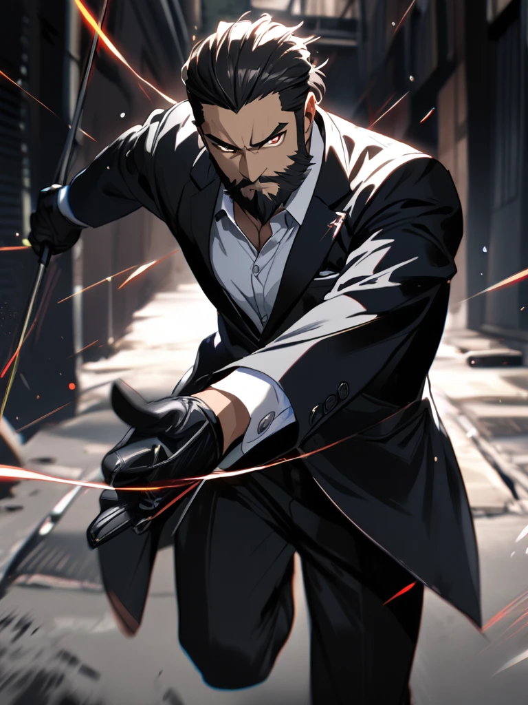 (40-year-old man with dark hair and beard)、Long sleeve black suit、BREAK,Black Leather Gloves、BREAK,White shirt:0.7、BREAK,sharp eyes,Long black hair slicked back、(masterpiece)、(absurdres)、(ultra detailed)、athletic、half-closed eyes,serious,Thread Use、reach for the viewer、cowboy shot,dark alley background、battle motion blur,