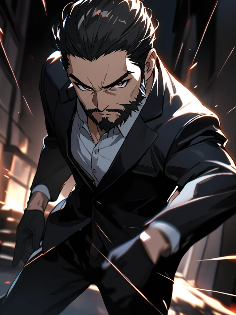 (40-year-old man with dark hair and beard)、Long sleeve black suit、BREAK,Black Leather Gloves、BREAK,White shirt:0.7、BREAK,sharp eyes,Long black hair slicked back、(masterpiece)、(absurdres)、(ultra detailed)、athletic、half-closed eyes,serious,Thread Use、reach for the viewer、cowboy shot,dark alley background、battle motion blur,