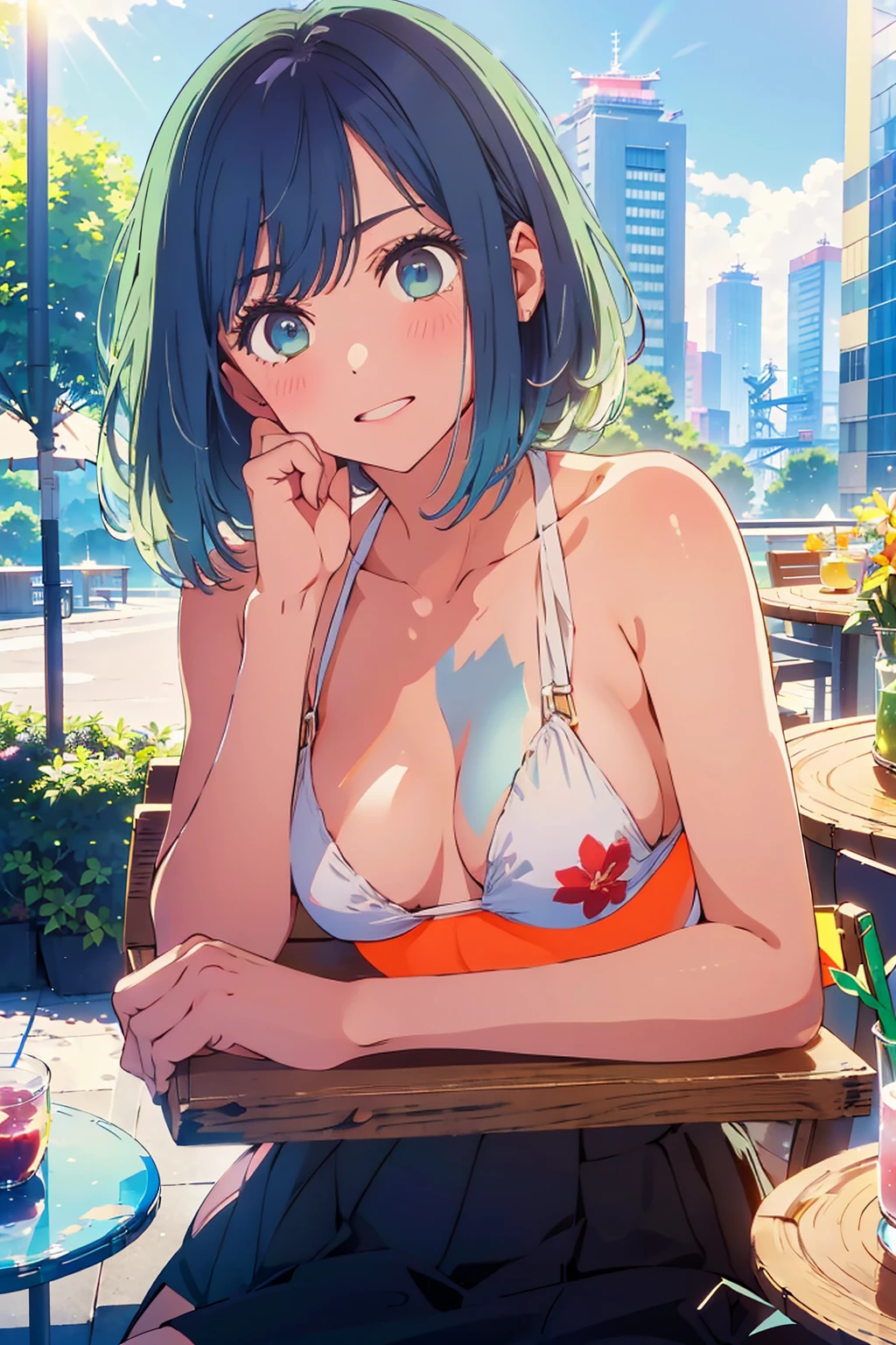 highest quality,8k,detailed,F cup bust、Big Breasts、Very cute face、Slim and beautiful arms、Slim body、Very white beautiful skin、((((1 person、looking at the camera、smile、Thin white bikini、smile、sit、In the background are the urban buildings of Tokyo、Outdoor café terrace、Drink juice、Cheek resting on hand、coastal、table、Body exposed to sunlight))))、I can see the deep blue sky、She tilted her head slightly、The atmosphere is bright and lively、The woman is at the center of the image。