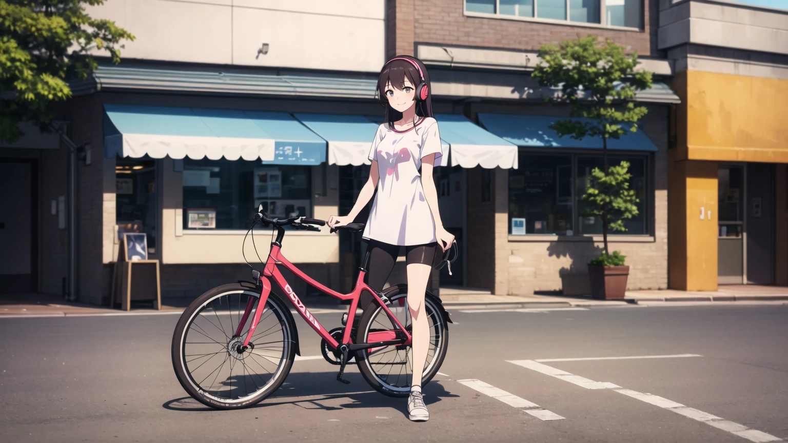 (8k, High resolution, Best Quality, Masterpiece:1.2), Lo-Fi, Relaxed girl listening to music with a headset 1, bicycle, smile, はにかんだsmile, In the city, neon