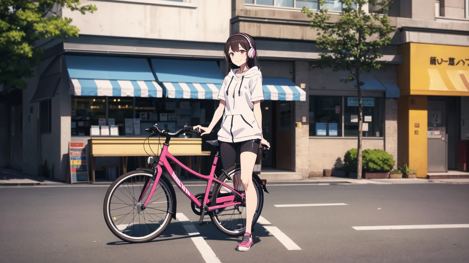 (8k, High resolution, Best Quality, Masterpiece:1.2), Lo-Fi, Relaxed girl listening to music with a headset 1, bicycle, smile, はにかんだsmile, In the city, neon