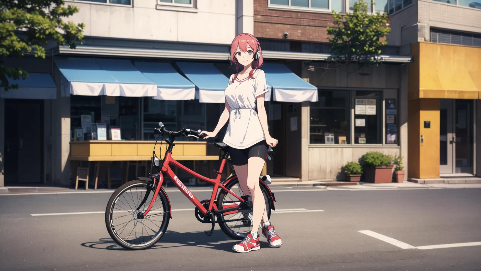(8k, High resolution, Best Quality, Masterpiece:1.2), Lo-Fi, Relaxed girl listening to music with a headset 1, bicycle, smile, はにかんだsmile, In the city, neon