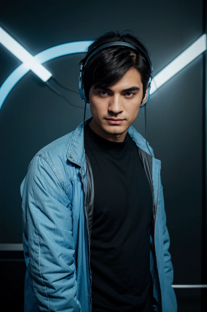 Black Haired Man Wearing a Light Blue Jacket in Black Shirt Using a Headset and Holding a Gamepad on a Blue Background