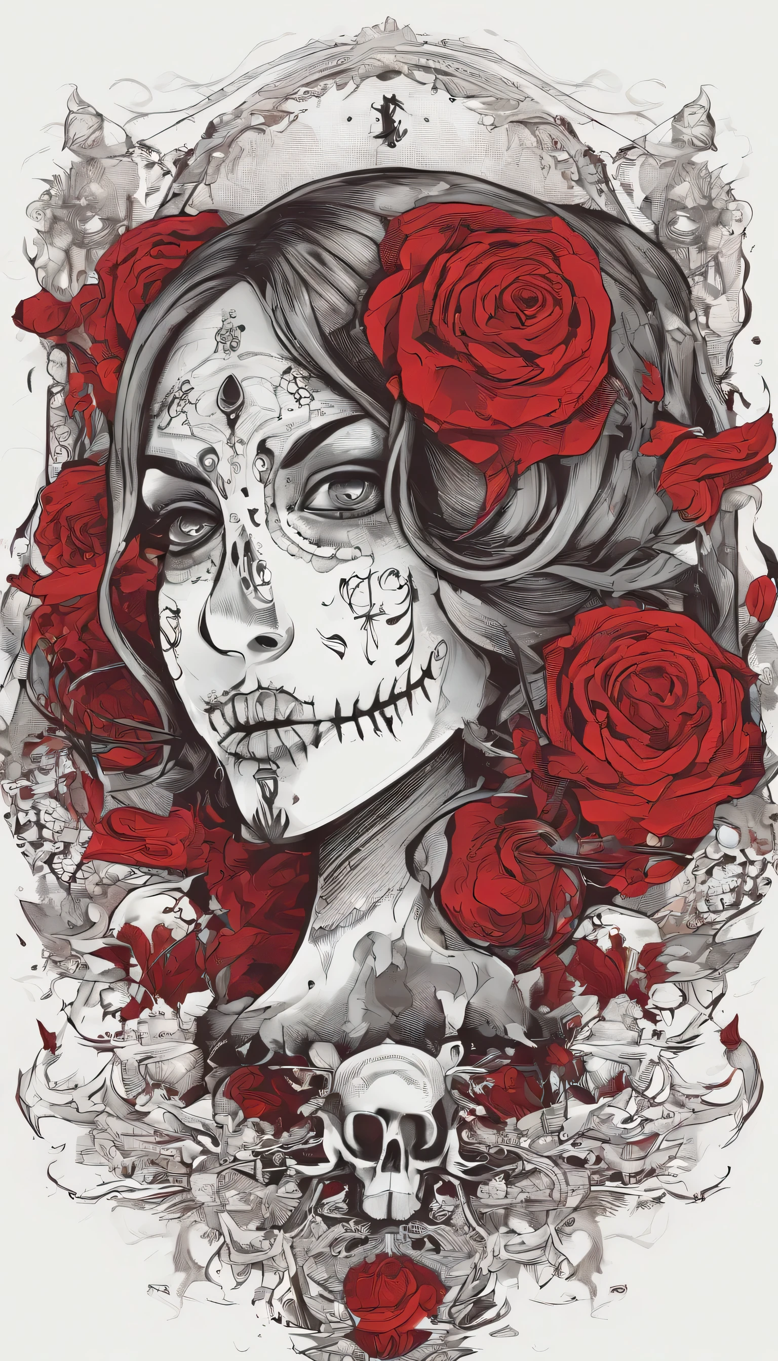 **Tatuaje Neo-Tradicional de La Llorona**
The design shows La Llorona with an expression of anguish, tears visible on her face. Her long black hair flows in dramatic waves, y lleva un vestido blanco desordenado y desgarrado.
**Elementos Adicionales:**
- **Flores:** Red roses and yellow marigolds contrast with the sadness of the figure.
- **skulls:** Decorative Day of the Dead skulls add a mystical and cultural touch.
**Simbolismo:**
El tatuaje simboliza tristeza y arrepentimiento, encapsulando la leyenda de La Llorona.
**Estilo Neo-Tradicional:**
Combines thick lines and solid colors with modern details and advanced shading and color techniques for vibrant, detailed rendering.