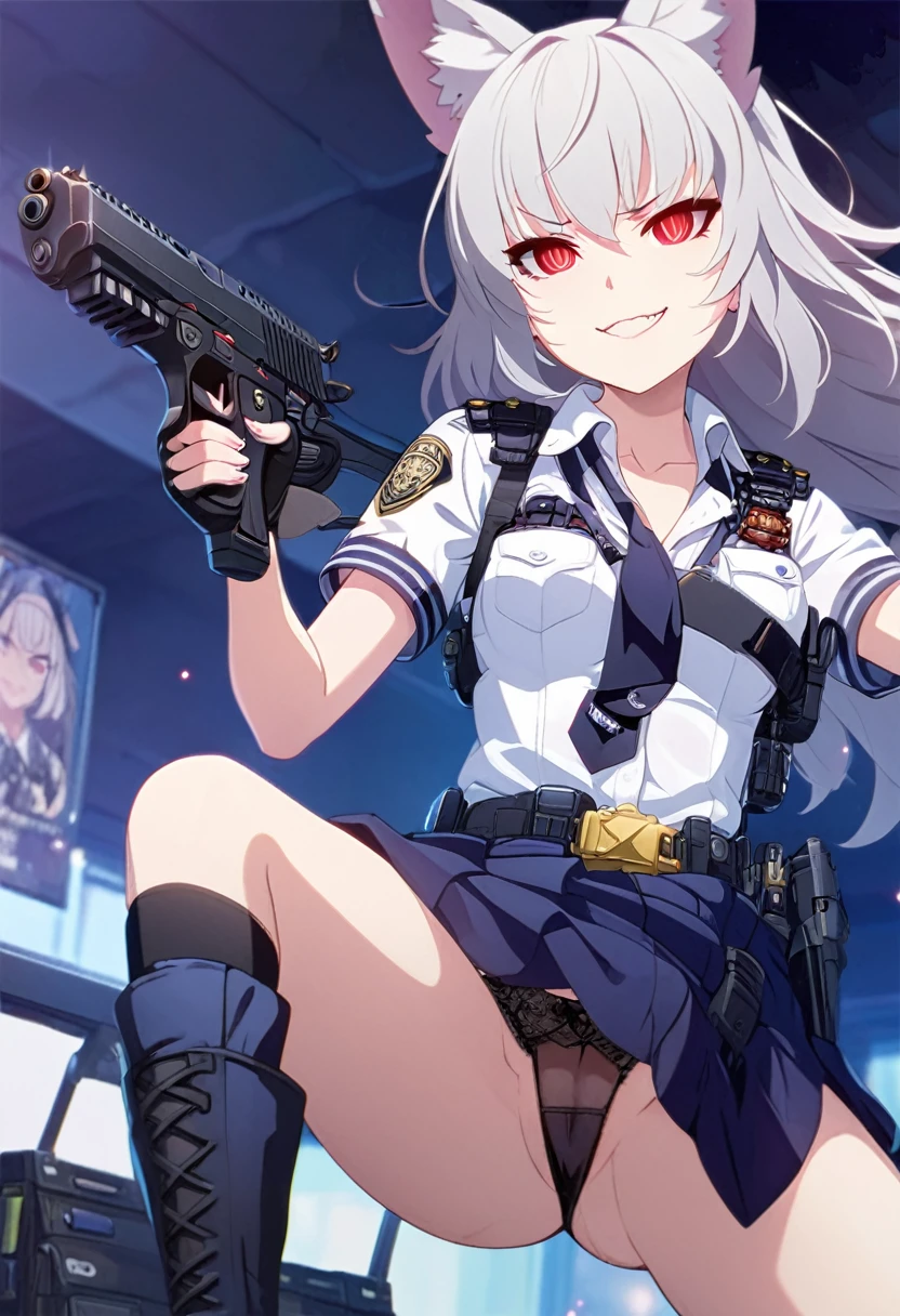 NSFW,1girl,Fox Girl,Slit eyes,Silver Hair,Red eyes,long trimmed hair,high school girl,Police uniform,Mobile Task Force Equipment,Wicked Smile,full Art,skirt lift,BLACK pantie,Pointing a Gun,Handgun,Crotch crack