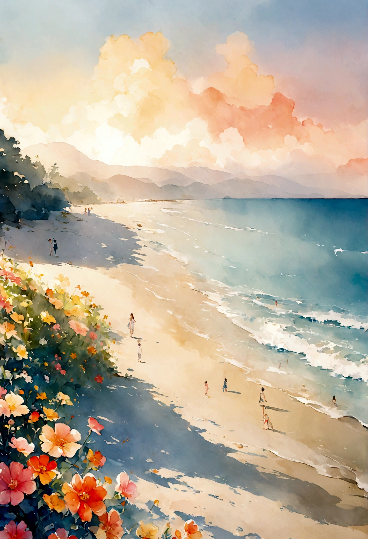 Brightly colored flowers, beach, some figures, gentle sunlight, long, peaceful watercolor landscape that seems to draw you in, 8k image