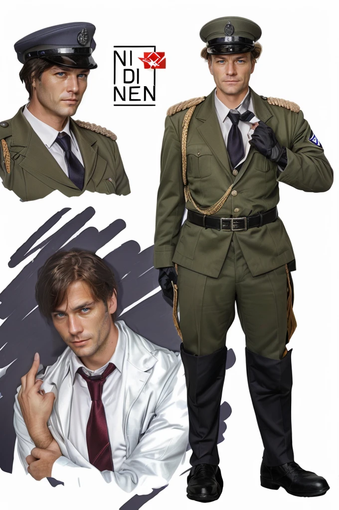 there are two pictures of a man in uniform with a tie, snk, detailed photography, photorrealistic, official photo shoot, 16K RAW photography, evil eyes