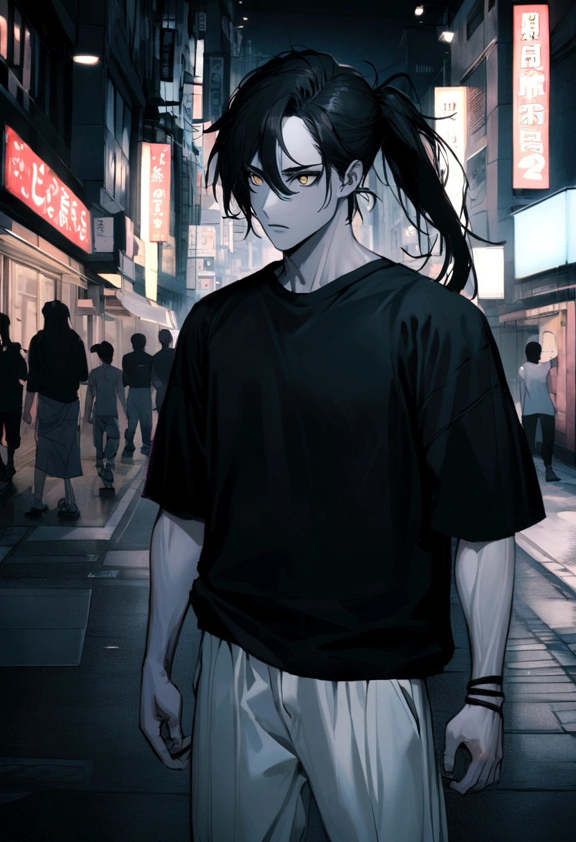 muscular 25 year old man with pale skin, Long black hair, pony tail, and golden eyes like a woman, Wearing white pants, Matte black oversize t-shirt, shibuya street background