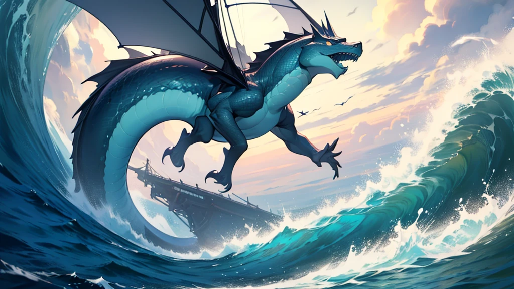 4k ultra hd, best quality, a watery elemental sea serpent leviathan riding a really high wave, attacking the back of a flying boat