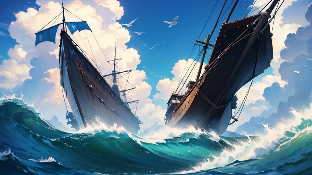 4k ultra hd, best quality, a watery elemental sea serpent leviathan riding a really high wave, attacking the back of a flying boat