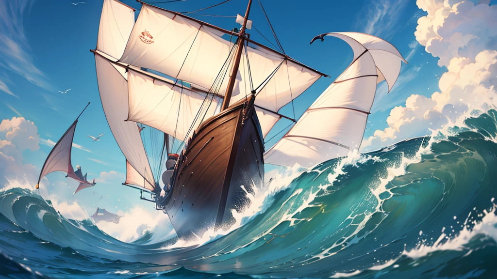 4k ultra hd, best quality, a watery elemental sea serpent leviathan riding a really high wave, attacking the back of a flying boat