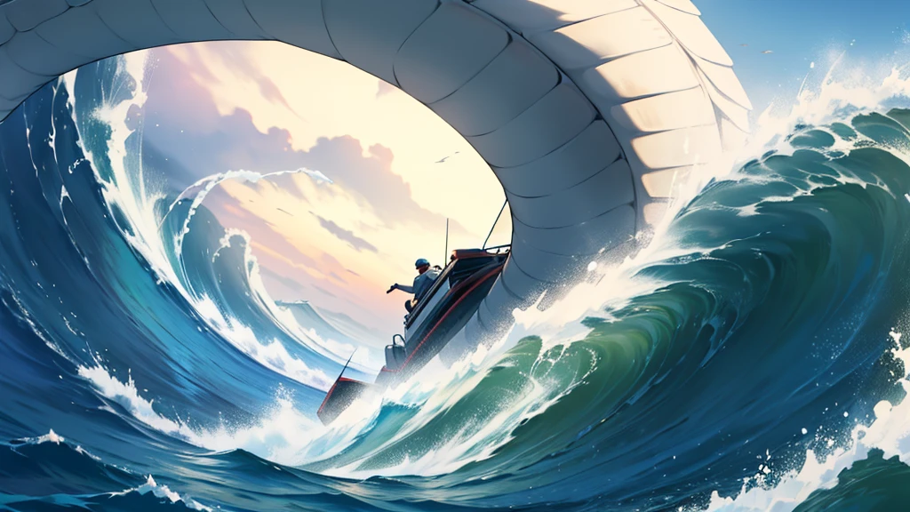 4k ultra hd, best quality, a watery elemental sea serpent leviathan riding a really high wave, attacking the back of a flying boat