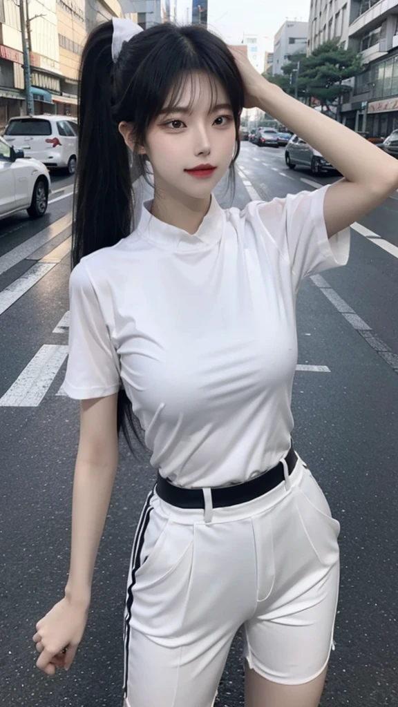 8k,super detailed, sharp quality,Korean descent, ponytail hair,slim body, tight clothes, Korean hot pants, in Tokyo when it rains