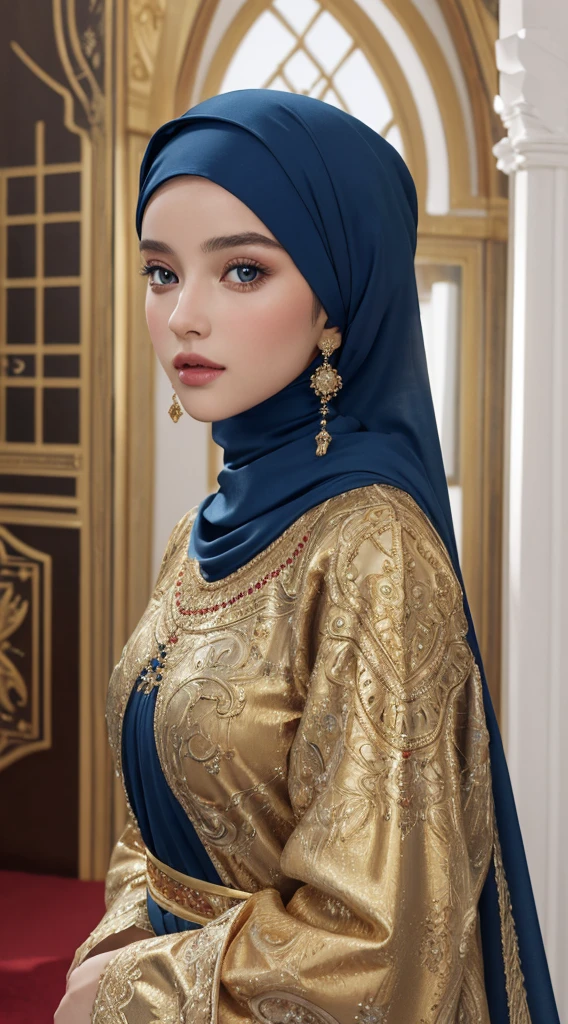 (master piece: 1.3), (8k, photoreallistic, Photo brute, beste-Qualit: 1.4), (1fille), beau visage, (realistic face), (cheveux rouges , cheveux long rouges1.3), belle coiffure, Realistic Crystal Brilliant Bright Eyes Bright, beautiful detailed eyes ،green eyes, brilliant European beauty, (realistic skin), belle peau, (tirer), absurdes, attrayant, ultra highres, ultra realist, highly detailed, Golden number wearing a arabic Islamic caftan outfit half red half blue with hijab,