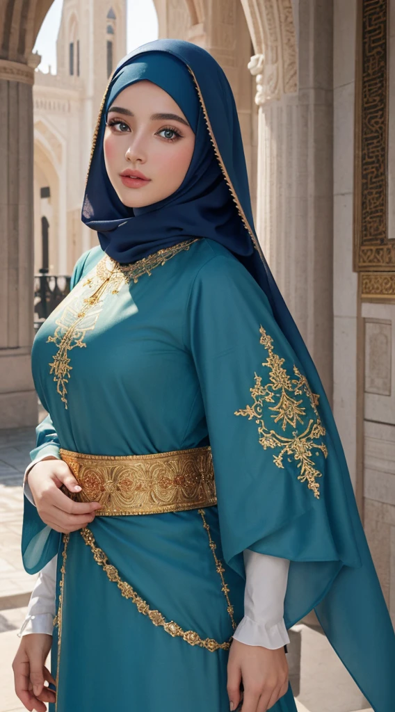 (master piece: 1.3), (8k, photoreallistic, Photo brute, beste-Qualit: 1.4), (1fille), beau visage, (realistic face), (cheveux rouges , cheveux long rouges1.3), belle coiffure, Realistic Crystal Brilliant Bright Eyes Bright, beautiful detailed eyes ،green eyes, brilliant European beauty, (realistic skin), belle peau, (tirer), absurdes, attrayant, ultra highres, ultra realist, highly detailed, Golden number wearing a arabic Islamic caftan outfit half red half blue with hijab,