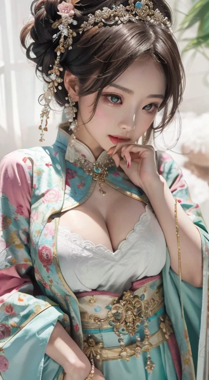 Reality, high resolution, rich and colorful, 彩色泼splash, splash, 1 girl, Solitary, Hip lift, beautiful eyes, long hair, ((Full and soft breasts,)))(((Large Breasts))) (((Cleavage))), Exquisite damask Hanfu, Gorgeous accessories, Wear pearl earrings