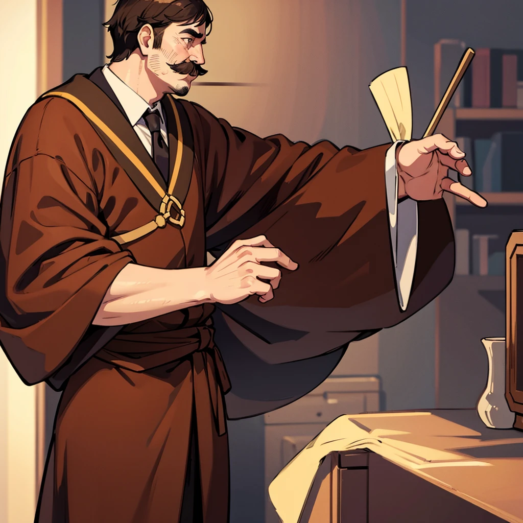 ((((Solo))))、highest quality, Best Quality,Best illustrationiddle ages、(((Brown robes)))、(((40-year-old uncle、Kaiser moustache)))、(From the side、profile)