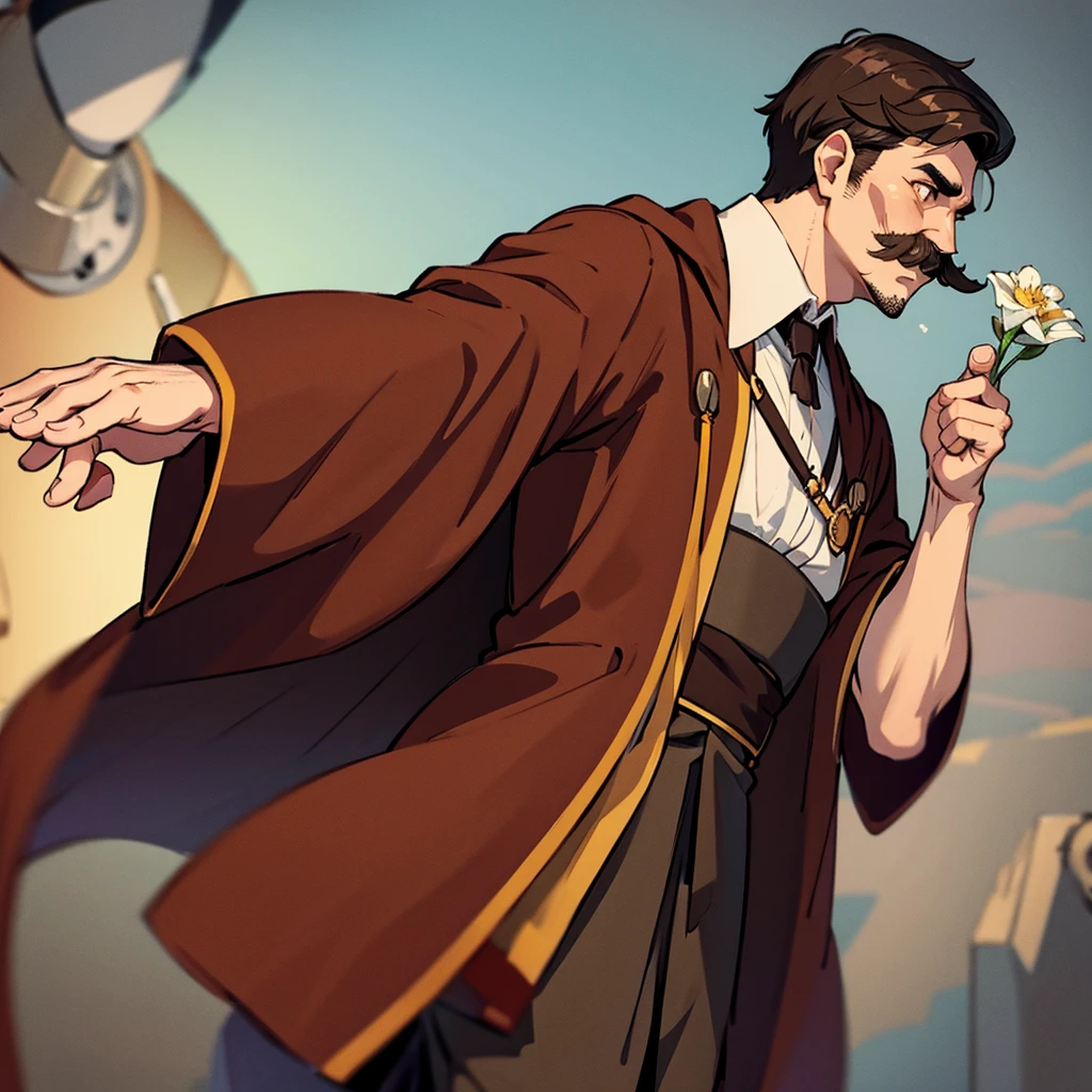 ((((Solo))))、highest quality, Best Quality,Best illustrationiddle ages、(((Brown robes)))、(((40-year-old uncle、Kaiser moustache)))、(From the side、profile)