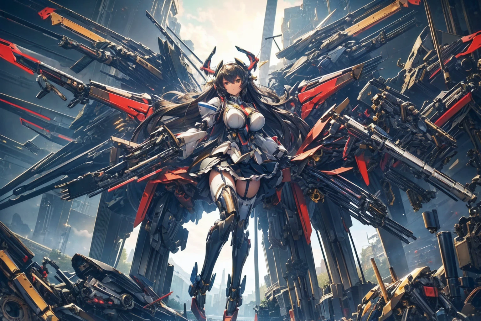 (masterpiece, top quality, best quality, official art, beautiful and aesthetic:1.0), (8k, best quality, masterpiece:1.2), (large breasts:1.2), long hair, black thighhighs, high heel, (microskirt:1.1), open clothes, garter belt, (mecha musume:1.4), (mechanical parts:1.7), tu-22 bomber,