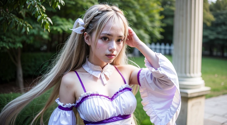 emilia, braid, crown braid, flower, hair flower, hair ornament, hair ribbon, long hair, pointy ears, (purple eyes:1.2), white hair, x hair ornament, detached collar, detached sleeves, frilled sleeves, frills, long sleeves, miniskirt, pleated skirt, ribbon, skirt, thighhighs, white skirt, white sleeves, white thighhighs, wide sleeves, zettai ryouiki, upper body, beauty, detailed eyes, detailed face, extremely beautiful face