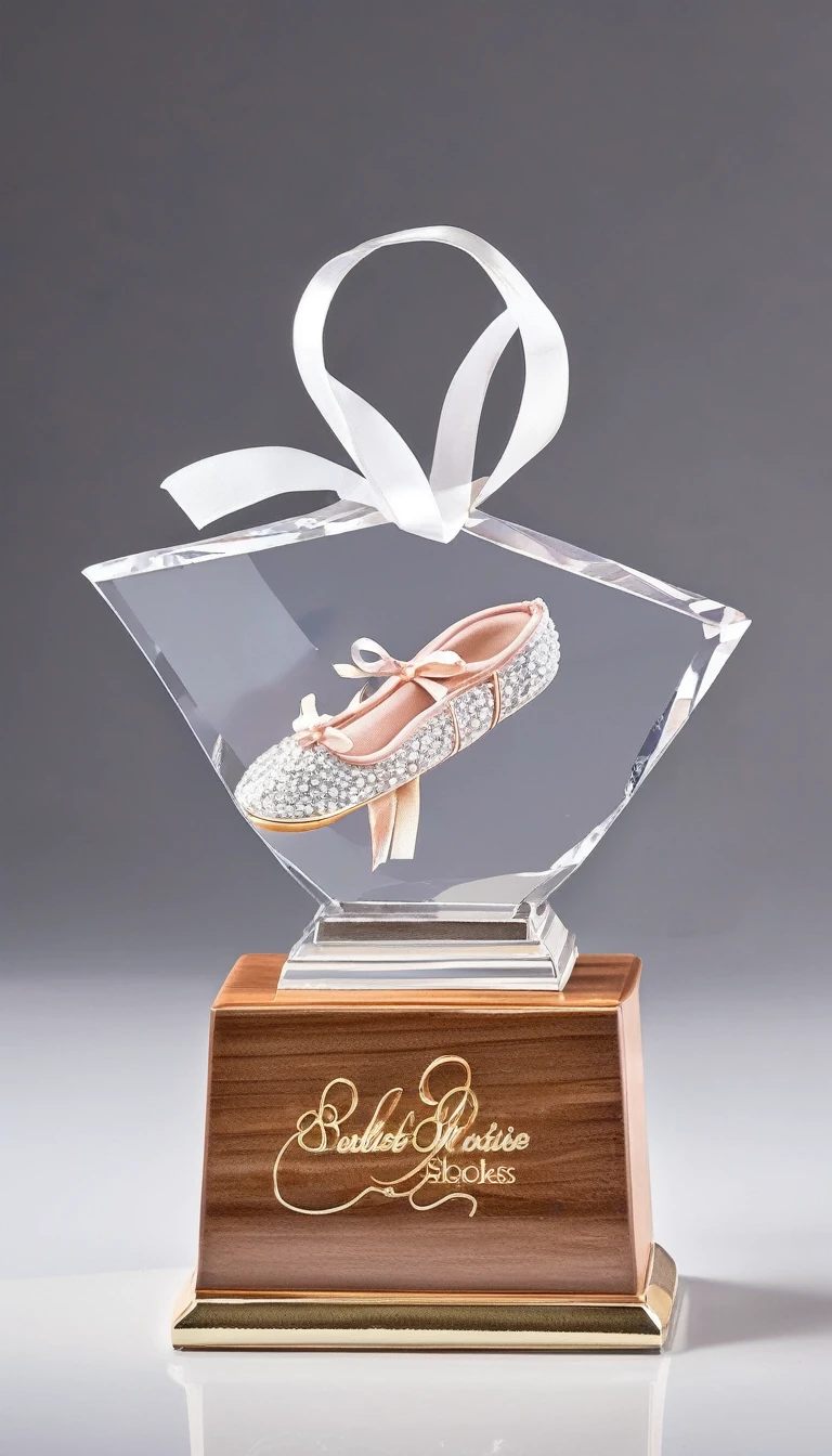 A crystal trophy made of a pair of ballet shoes,Wooden square base,There is a metal nameplate on the base;Dance shoes staggered rise,Ribbon embellishment。White background。Front view。