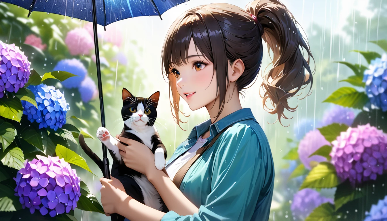 rain,Hydrangea Park, Cute casual clothes, Holding an umbrella,Holding a cat,Blur the background,High school girls,ponytail,smile,Glitter effect,highest quality, 4K, 8k, High resolution, masterpiece:1.2, Very detailed, Realistic:1.37, High resolution, 超High resolution, Ultra-fine painting, Sharp focus, Physically Based Rendering, Very detailedな説明, Professional, Vibrant colors
