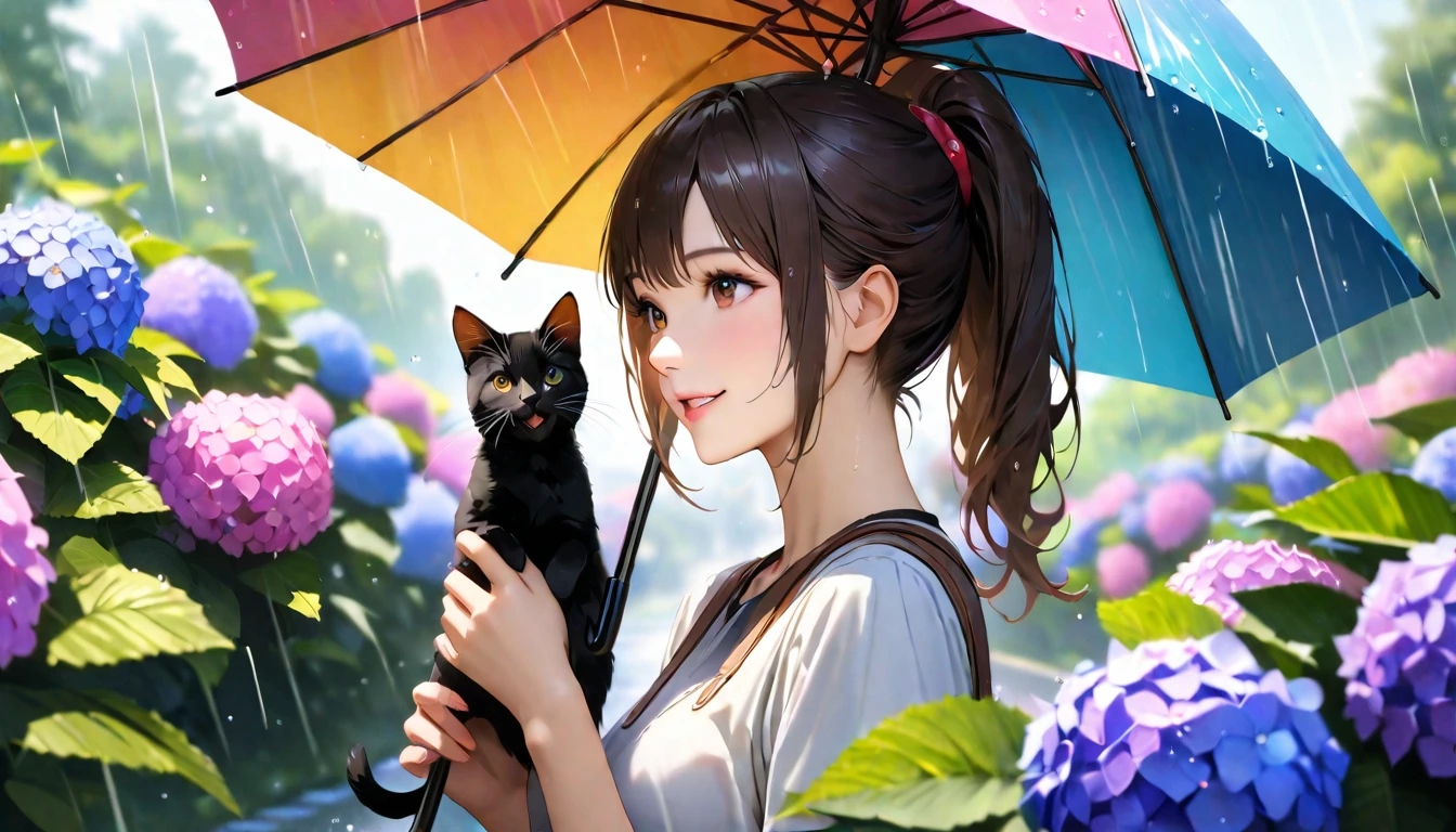 rain,Hydrangea Park, Cute casual clothes, Holding an umbrella,Holding a cat,Blur the background,High school girls,ponytail,smile,Glitter effect,highest quality, 4K, 8k, High resolution, masterpiece:1.2, Very detailed, Realistic:1.37, High resolution, 超High resolution, Ultra-fine painting, Sharp focus, Physically Based Rendering, Very detailedな説明, Professional, Vibrant colors