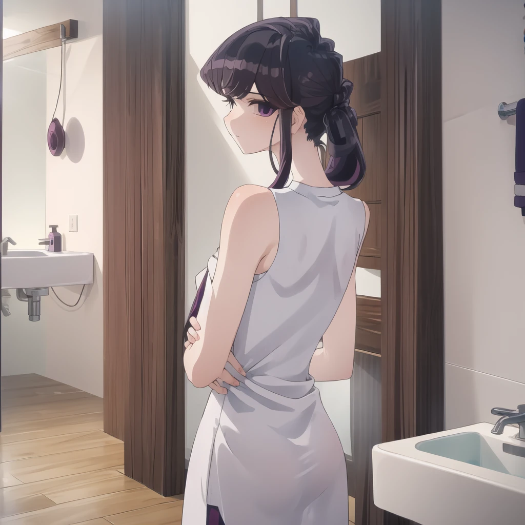 shokokomidef, purple hair, purple eyes, long hair,
absurdres, 1girl, looking at viewer, standing, v arms, bathroom, upper body, bath towel
masterpiece, best quality,