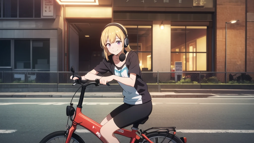 (8k, High resolution, Best Quality, Masterpiece:1.2), Lo-Fi, Relaxed girl listening to music with a headset 1, bicycle, smile, はにかんだsmile, In the city, neon