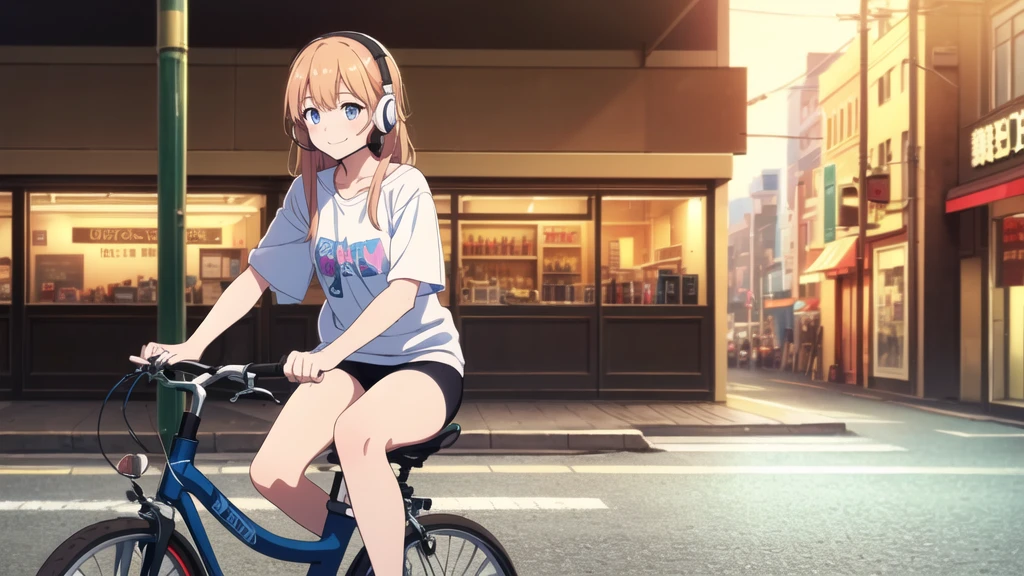 (8k, High resolution, Best Quality, Masterpiece:1.2), Lo-Fi, Relaxed girl listening to music with a headset 1, bicycle, smile, はにかんだsmile, In the city, neon
