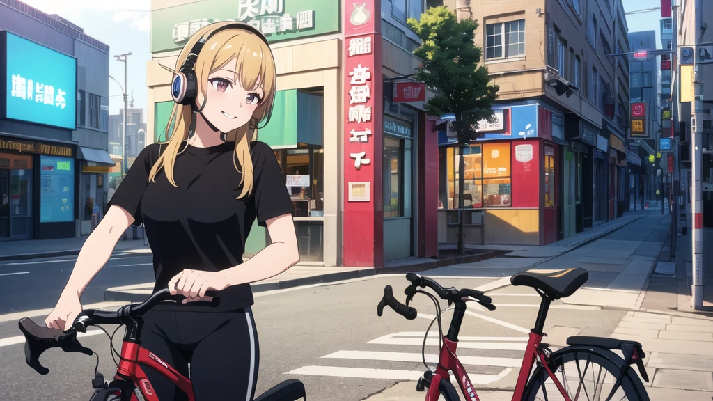 (8k, High resolution, Best Quality, Masterpiece:1.2), Lo-Fi, Relaxed girl listening to music with a headset 1, bicycle, smile, はにかんだsmile, In the city, neon