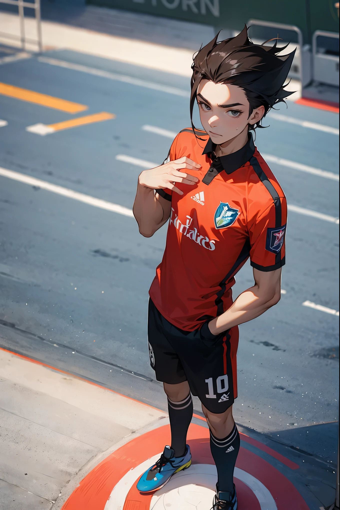 1male, soccer player, dark colored hair, straight hair, soccer jersey, soccer background, detailed background, hands to side, standing on path