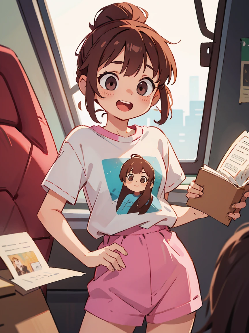 1girl, Her (pink and brown hair) is styled in a messy bun. She is a free spirit, 8k, atmospheric, high quality, movie scene, cinematic, oversized T-shirt, no pants, kind, laugh