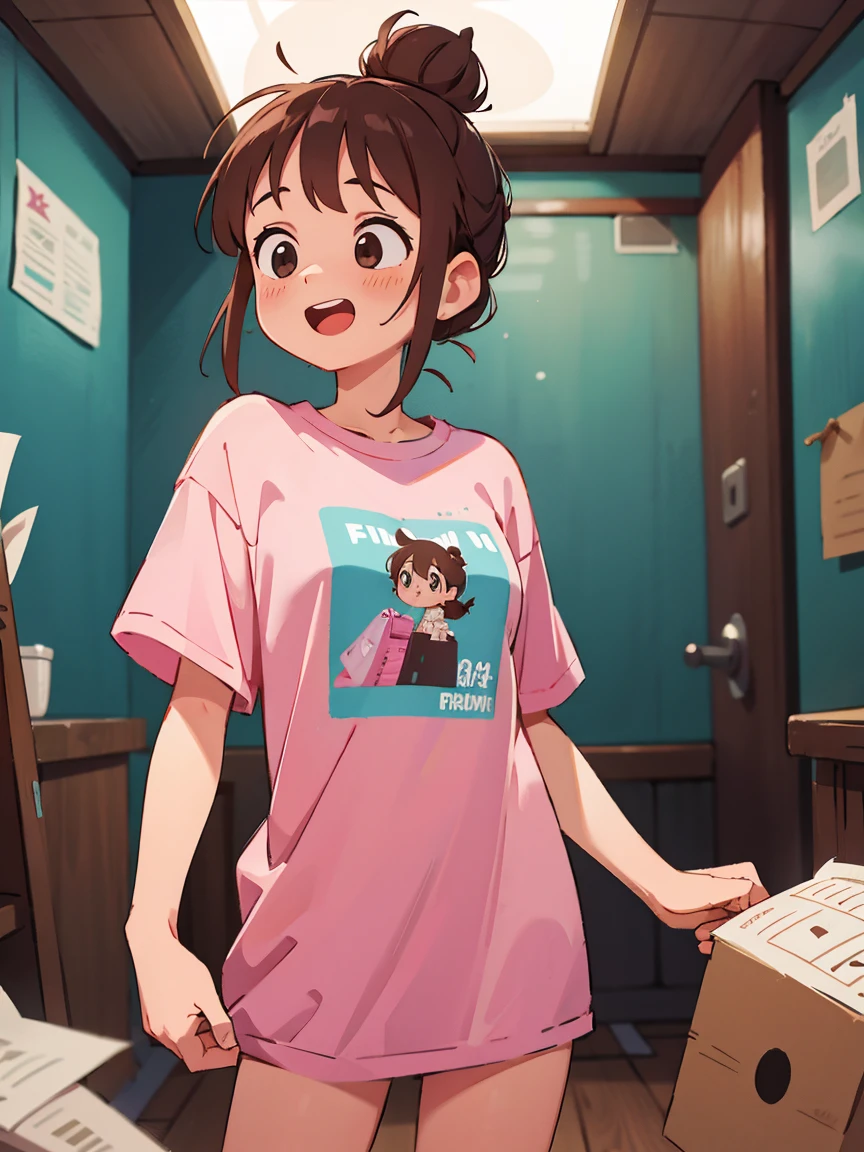 1girl, Her (pink and brown hair) is styled in a messy bun. She is a free spirit, 8k, atmospheric, high quality, movie scene, cinematic, oversized T-shirt, no pants, kind, laugh