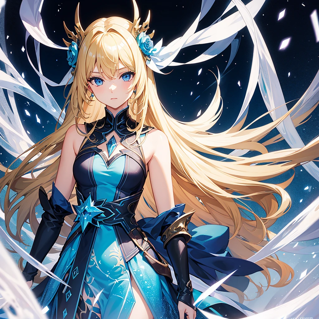 woman, solo, long hair, blonde hair, blue eyes, beautiful, half body, fantasy, ice. Sexy. fantasy wallpaper.
