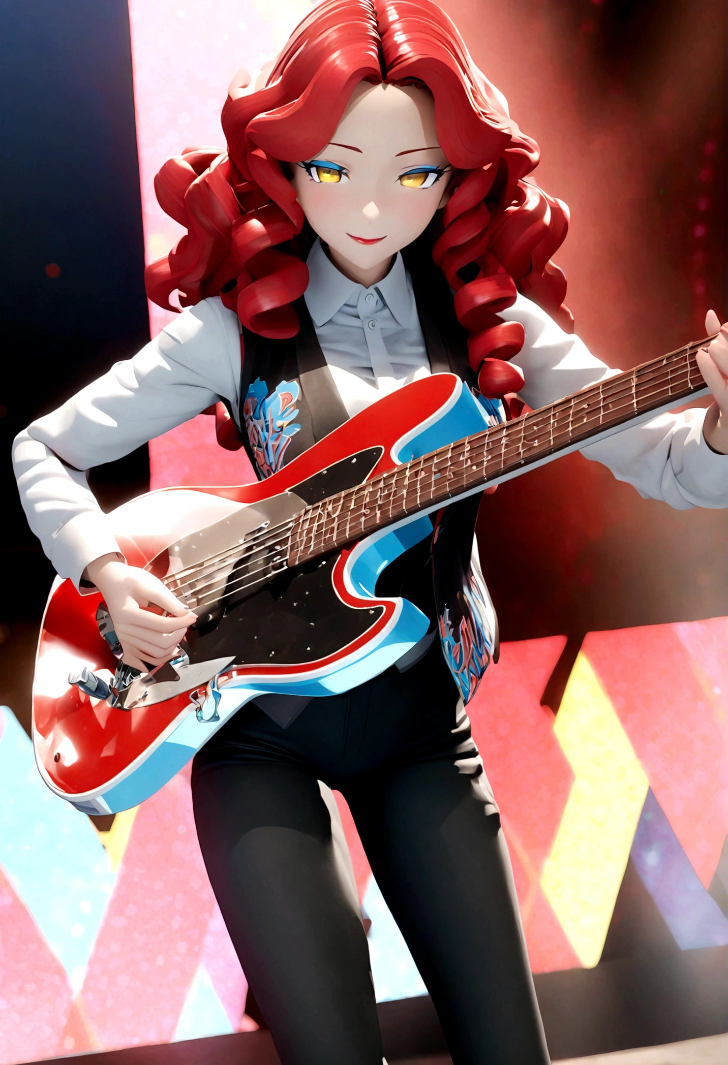 3D anime character,animate,real,1 girl,30 years old,glamorous,medium hair,((perm)),wavy hair,red hair,forehead,Voluminous curly hair,seductive smile,Light blue eyeshadow,red eyebrows,yellow eyes,tsurime,narrow eyes,half opend eyes,red lips,Confident expression,light smile,calm,black vest,white shirt,collared shirt,Unbutton the top button of shirt,black pants, BREAK standing,singing,play the red guitar,stage,The background features bold,colorful lettering and stage lights,capturing a lively,energetic performance