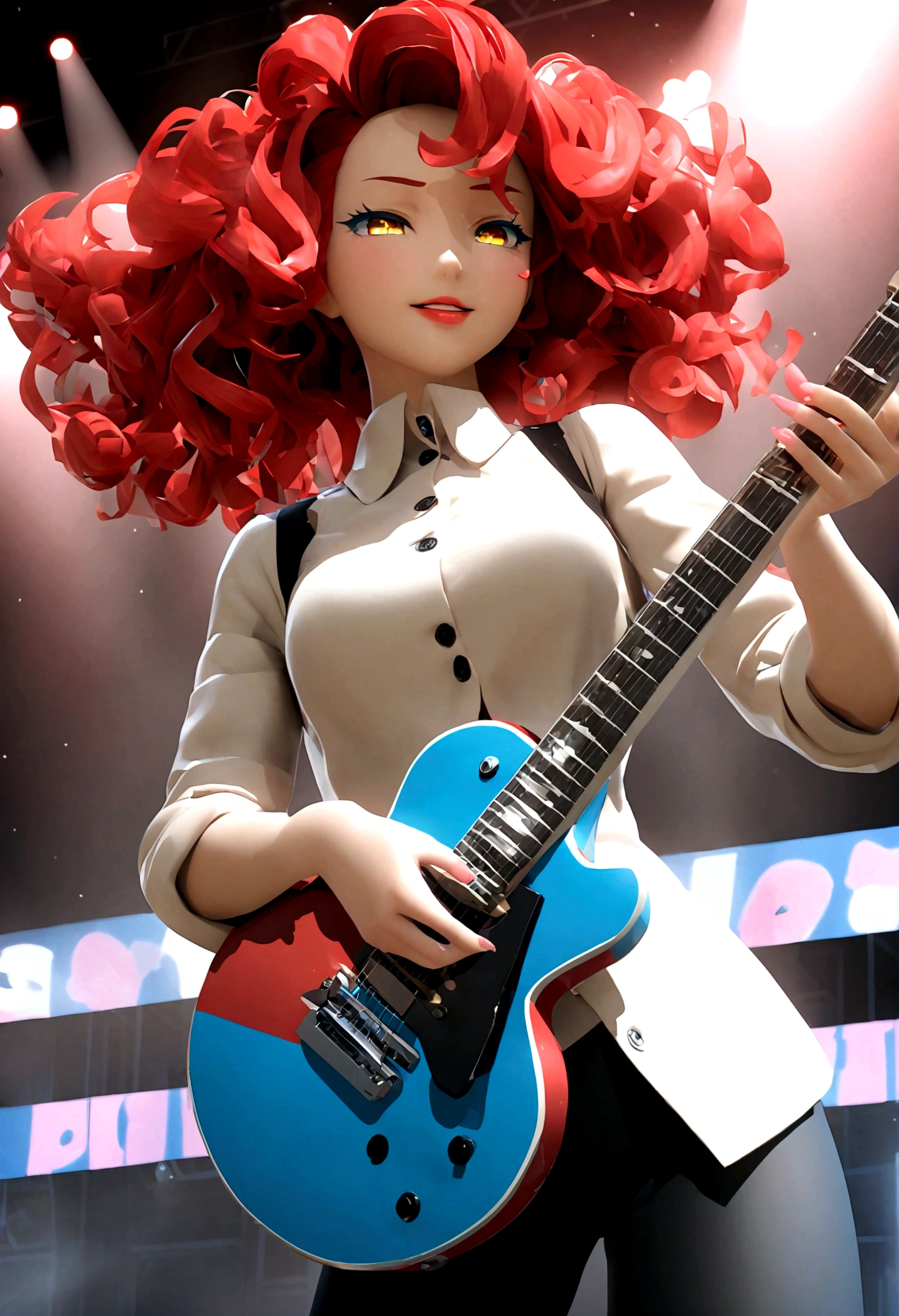 3D anime character,animate,real,1 girl,30 years old,glamorous,medium hair,((perm)),wavy hair,red hair,forehead,Voluminous curly hair,seductive smile,Light blue eyeshadow,red eyebrows,yellow eyes,tsurime,narrow eyes,half opend eyes,red lips,Confident expression,light smile,calm,black vest,white shirt,collared shirt,Unbutton the top button of shirt,black pants, BREAK standing,singing,play the red guitar,stage,The background features bold,colorful lettering and stage lights,capturing a lively,energetic performance