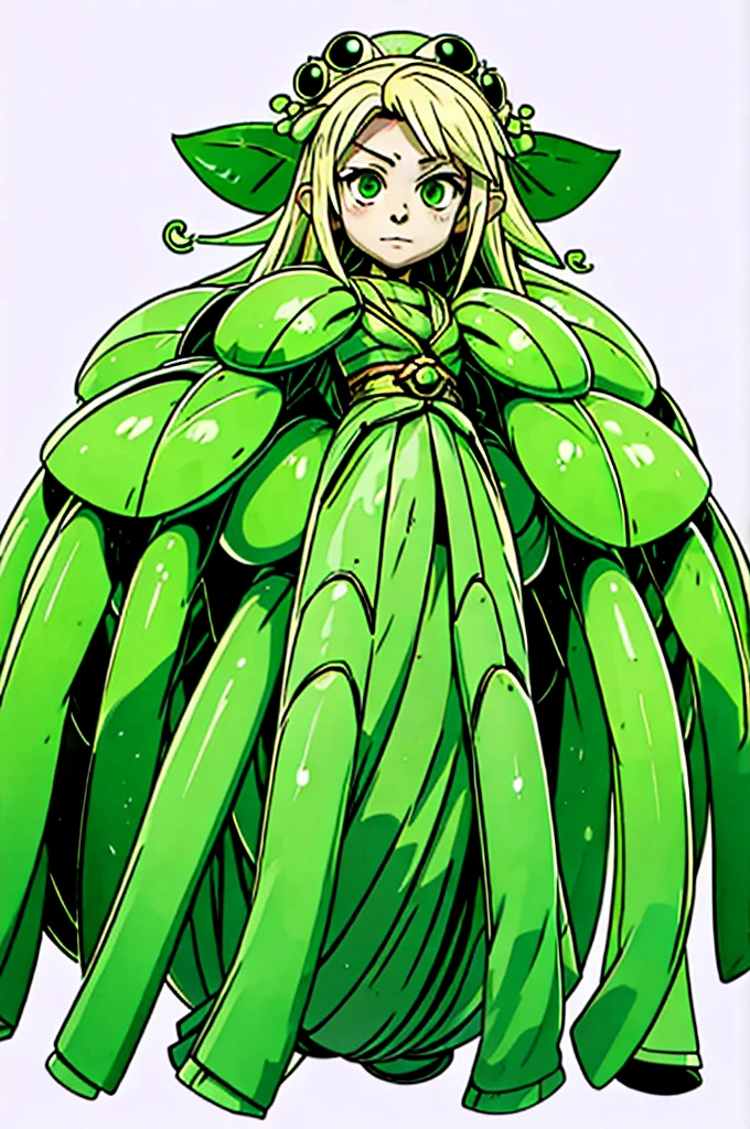1girl, arachnid body blonde long hair, green clothes, green eyes, flat chest, background filled with insects, main character, boss style, hades style, hadesstyle, hades2style, hades 2 style, Arachne, Arachnea, silk weaver, insect lover, insects crawling