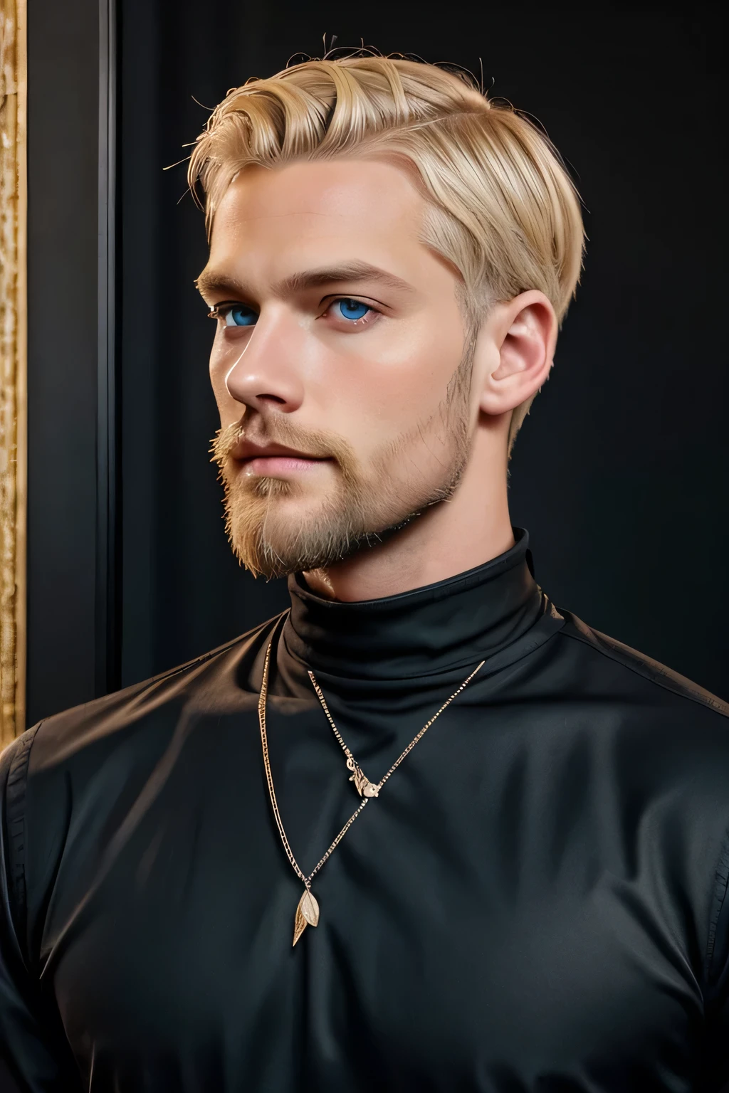 blonde man, blue eyes, short hair, thin beard on chin, wearing black clothes of a noble king, masterpiece, best quality