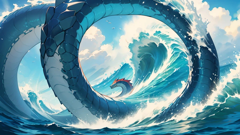 4k ultra hd, best quality, a watery elemental sea serpent leviathan riding a really high wave
