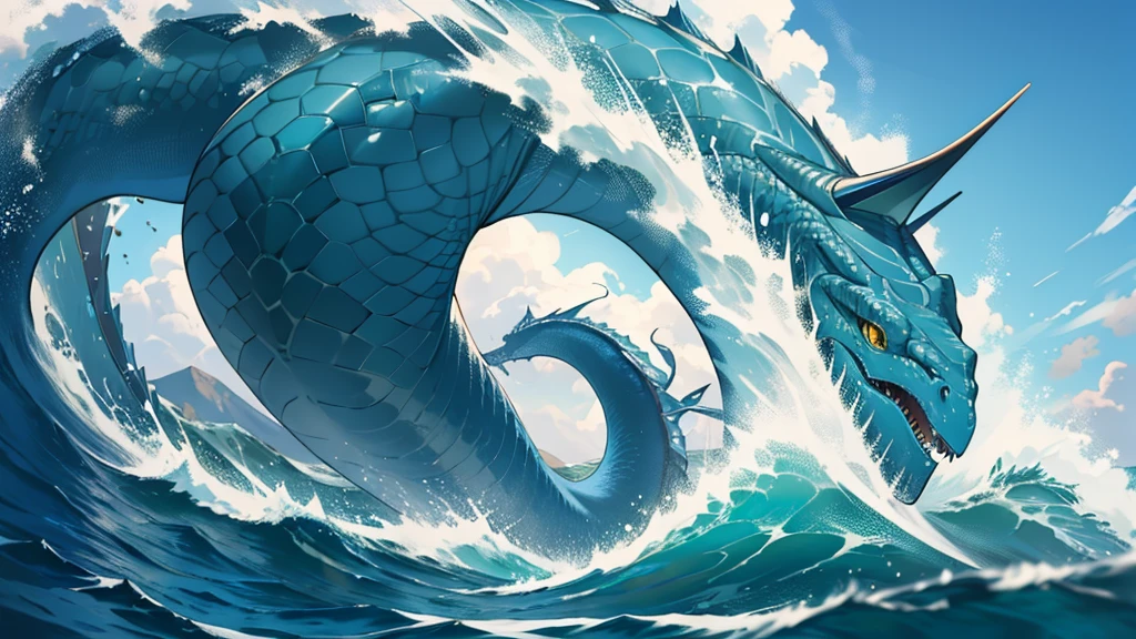 4k ultra hd, best quality, a watery elemental sea serpent leviathan riding a really high wave